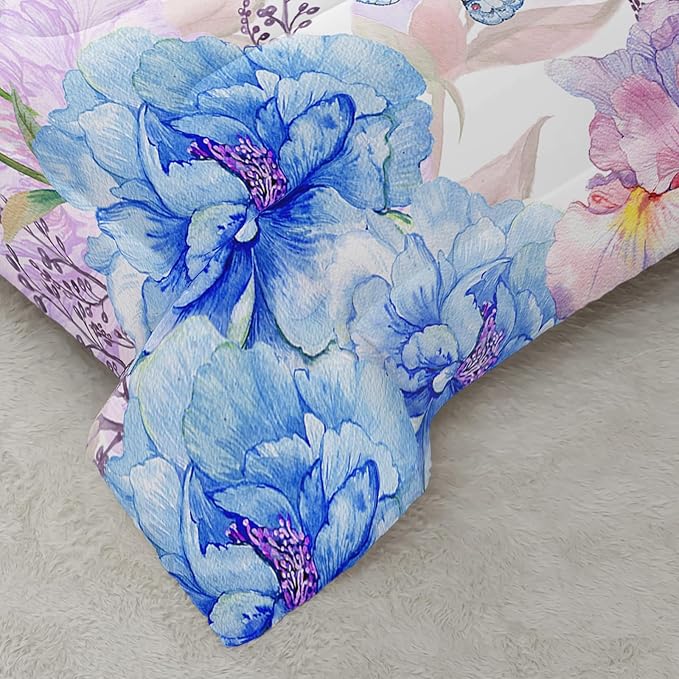 Blue and Pink Flower Comforter Set Full Dragonfly Butterfly Bedding Sets 3PCS for Kids Teen Adult Floral Room Decor Ultra-Soft Lightweight Microfiber 1 Comforter with 2 Pillowcases