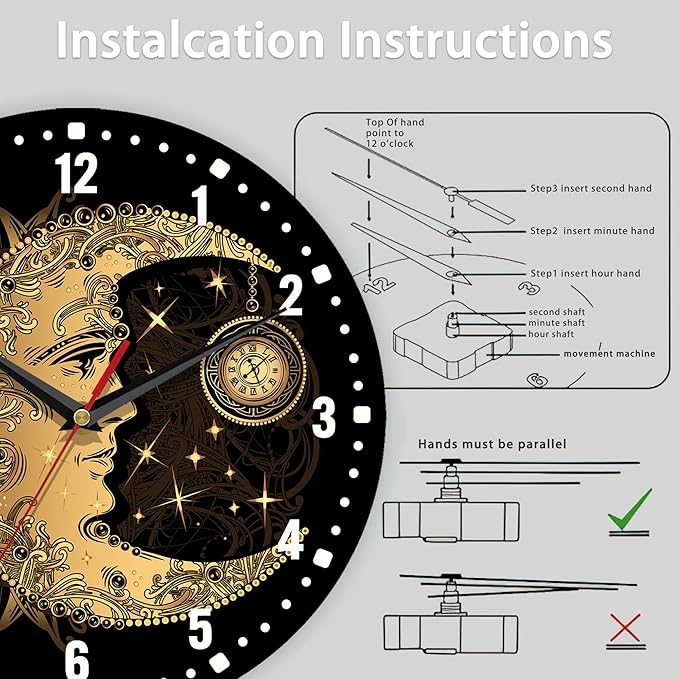 SPUNKER Clock for Bedroom,Boho Moon Sun Wall Clock Battery Operated 10 Inch,Golden Mandala Round Clock Silent Non-Ticking Wall Decor for Farmhouse Office Home School Living Room Bedroom
