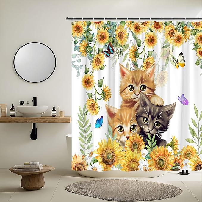 Sunflower Cat Shower Curtain Rustic Vintage Floral Farmhouse Kitty Pet Lover Kitten Flower Cats Flowers Butterfly Shower Curtains Set for Bathroom Polyester Fabric with Hooks (59" W x 71" L)