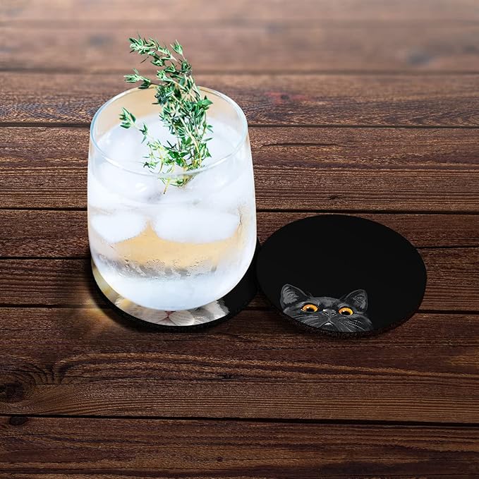 WIRESTER, Black Bombay Kitten Cat, White Silver Point Ragdoll Cat Design Absorbent ROUND Fabric Felt Neoprene Car Coasters for Drinks (2.87 inches), 2pcs Set