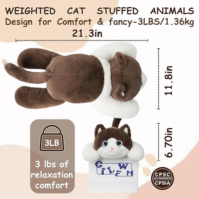 Weighted Stuffed Animals Cat - 21.3" Cute Toy Pillow Plushie Gifts for Kids Boys Girls & Adults, 3 lbs Ultra-Soft Washable Plush Pillowfort