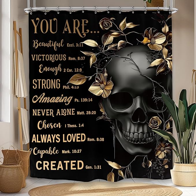 Black Gold Skull Shower Curtain 60Wx72L Inch Quotes Inspirational Motivational Positive Leaves Plant Cool Bathroom Set Accessories Decor with 12 Pack Hooks