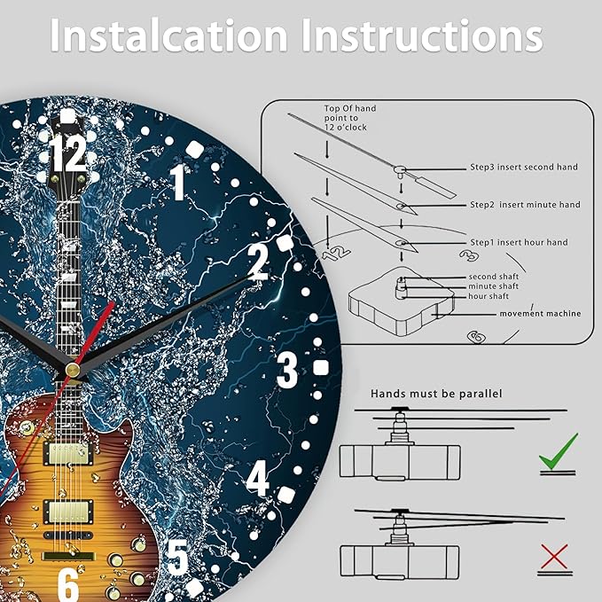 SPUNKER Wall Clock,Electric Guitar Wall Clocks,Guitar in Water Battery Operated Wall Clock Silent Non-Ticking Decorative for Home Kitchen Bathroom Living Room Bedroom Office 10 Inch