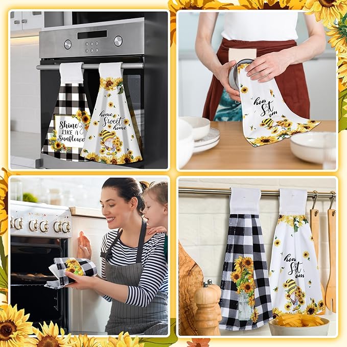 Sratte 4 Pcs Sunflower Hanging Kitchen Towels Hand Towels with Hanging Loop Summer Buffalo Plaid Gnomes Sunshine Dish Towels Bath Absorbent Oven Stove Wash Cloth for Home Decorative Housewarming Gift