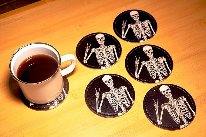 Skull Coasters for Drinks with Holder Leather Coasters Set of 6 Table Decor Protect Furniture from Water Marks Scratch and Damage