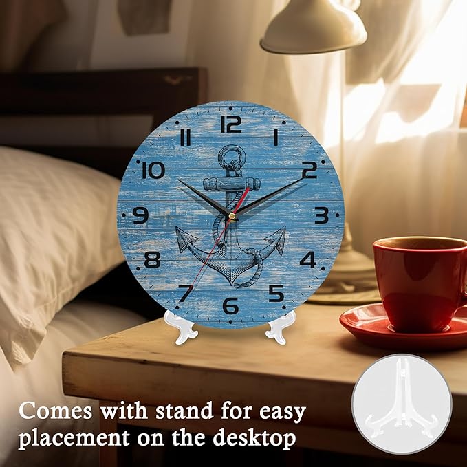 Wall Clock, 10 Inch Silent Non-Ticking Home Kitchen Decor, Battery Operated for Bathroom Bedroom Living Room Office(Vintage Blue Nautical Anchor)