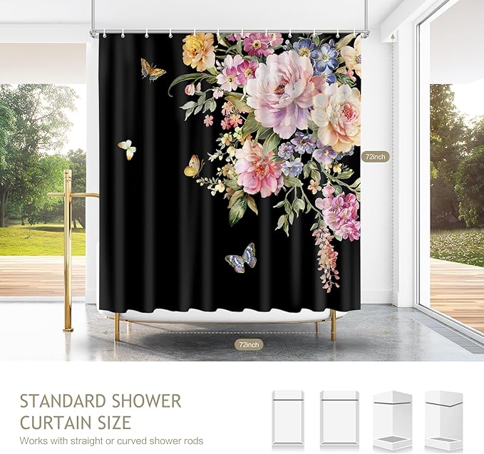 Vimorco Flower Butterfly Shower Curtain, Black Shower Curtains for Bathroom, Waterproof Quick-Dry Polyester Fabric Flower Shower Curtain, Floral Bath Curtain Bathroom Decor, 12 Hooks