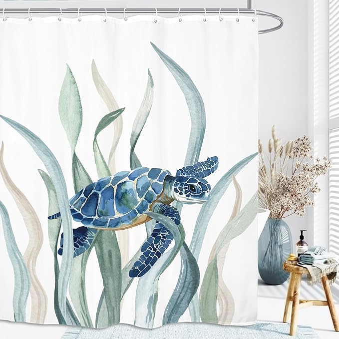 Turtle Seaweed Shower Curtain 60Wx72L Inch Sea Ocean Underwater Undersea Blue Green Watercolor Bathroom Set Accessories Decor with 12 Pack Hooks