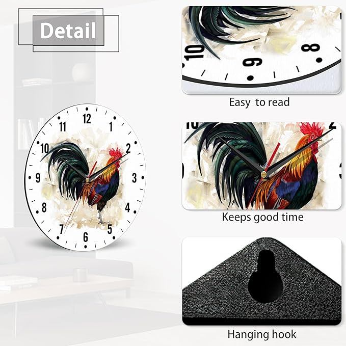 SPUNKER Wall Clock,Rooster Wall Clocks for Living Room Decor,Farm Animal Watercolor Kitchen Clocks Wall Battery Operated - 10 Inch Round Bathroom Wall Clock Silent Non-Ticking