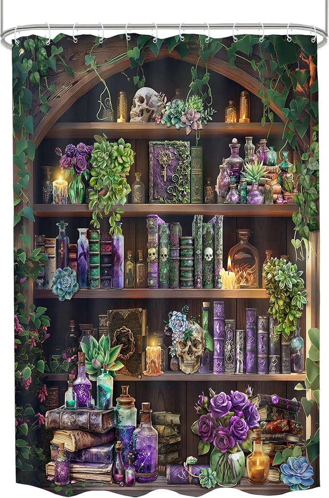 Small Stall Gothic Skull Shower Curtain 54Wx78H RV Spooky Wizard Vintage Withcy Black Bookshelf Succulent Unique Cool Bathroom Decor Mysterious Bath Curtain Fabric Polyester 12 Pack Hooks