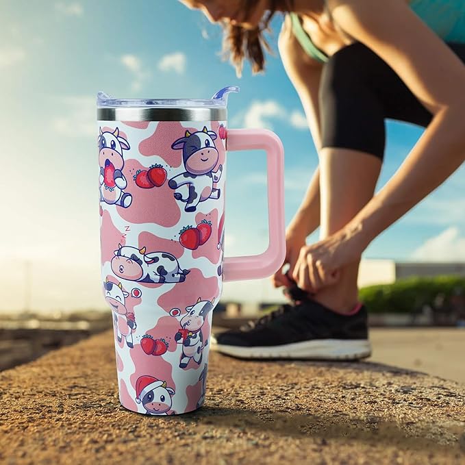 40 oz Tumbler with Handle and Straw, Stainless Steel Insulated Cup with Leak Proof Lid and Straw Lid, Keep Drinks Cold and Hot for Hours(Strawberry Cow)