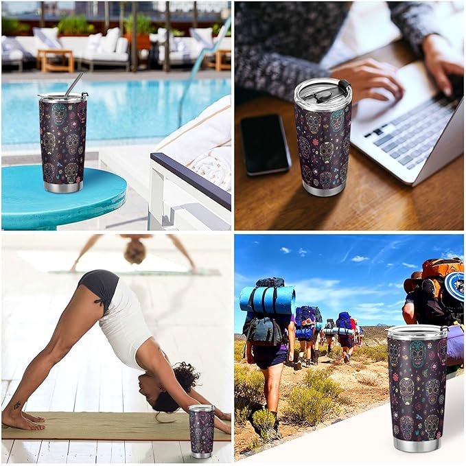Tumbler Neon Sugar Skull Flower Insulated Halloween Office Coffee Cup Back to School Beverage Container Travel Mug with Straw and Lid Double Wall Stainless Steel 20oz