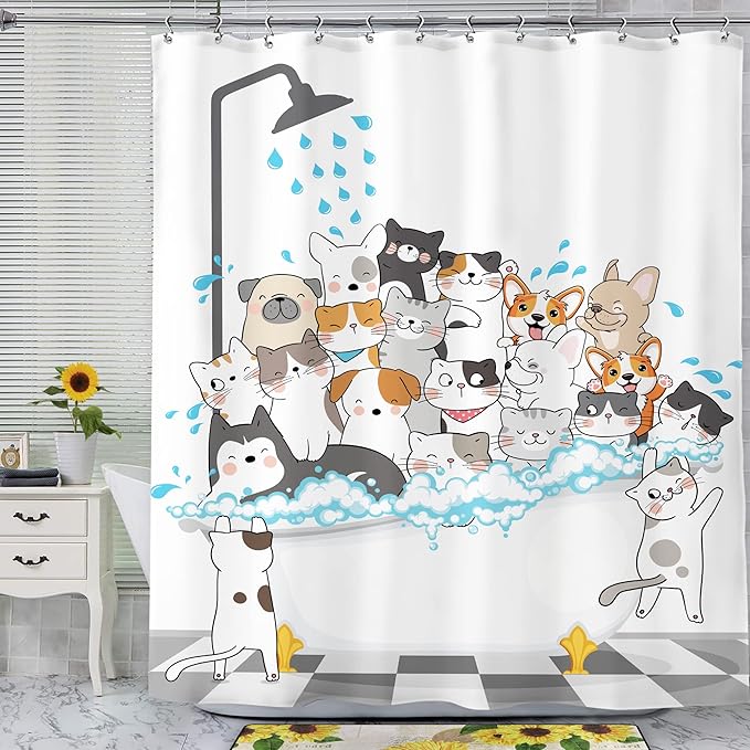 SVBright Funny Cats and Dogs Shower Curtain 60Wx72L Inch Kids Cartoon Cute Pets Animal Bathtub Raining Playing Showering Lovely Boys 12 Pack Hooks Polyester Waterproof Fabric Bathroom Bathtub Panels