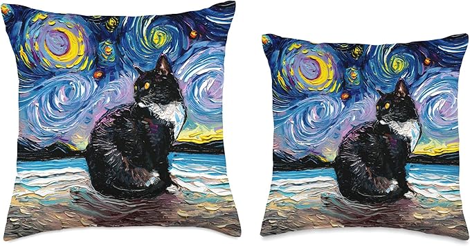 Tuxedo Cat on Beach Starry Night Impressionist Art by Aja Throw Pillow