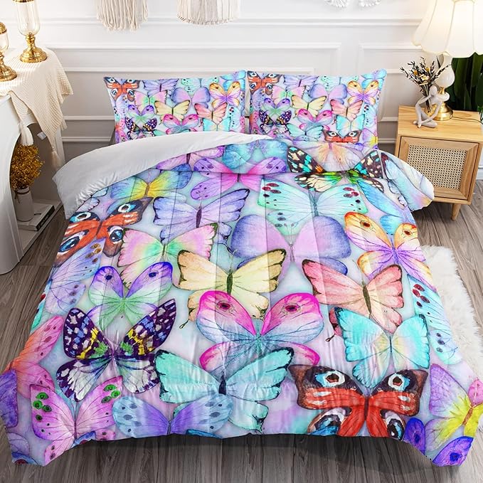 BSNTHO Blue Butterfly Comforter Set Watercolor Tie Dye Bedding Set Flying Butterflies Printed Duvet for Girls Queen 1 Comforter 2 Pillowcases for All Season