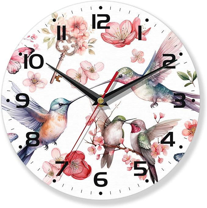 Birds Wall Clocks Battery Operated,Watercolor Humming Birds Clock for Living Room,Decorative Wall Clock for Living Room, Bedroom, Bathroom and Kitchen,10 Inch