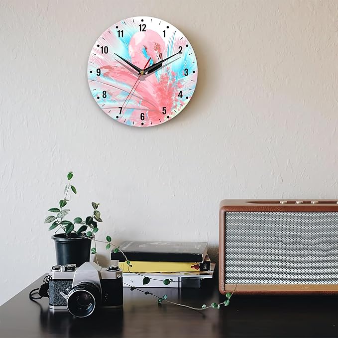 SPUNKER Wall Clocks,Pink Flamingo 10 Inch Wall Clock,Abstract Blue Feathers Small Battery Operated Wall Clocks Decorative for Kitchen/Living Room/Bedroom/Bathroom/Dining Room