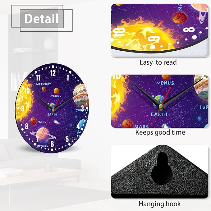 SPUNKER Wall Clock,Solar System 10 Inch Wall Clock,Planets Sun Earth Small Battery Operated Wall Clocks Decorative for Kitchen/Living Room/Bedroom/Bathroom/Dining Room
