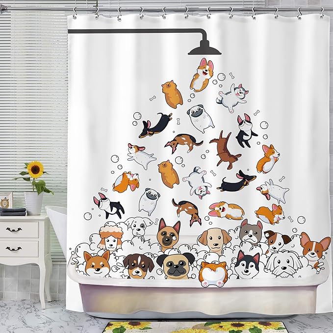 SVBright Cute Dogs Shower Curtain 60Wx72L Inch Kids Colorful Cartoon Animals Playing Water Lovely Funny Hilarious 12 Pack Hooks Polyester Waterproof Fabric Bathroom Bathtub Panels