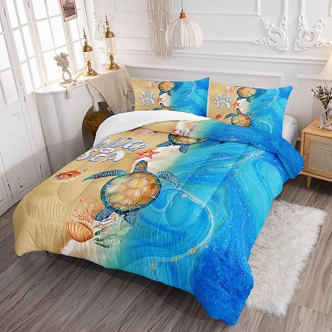 Beach Turtle Comforter Bedding Set for Kids Teens,Watercolor Ocea Starfish Coral Watercolor Beach Themed Comforter with 2 Pillowcases(Beach Turtle Queen)