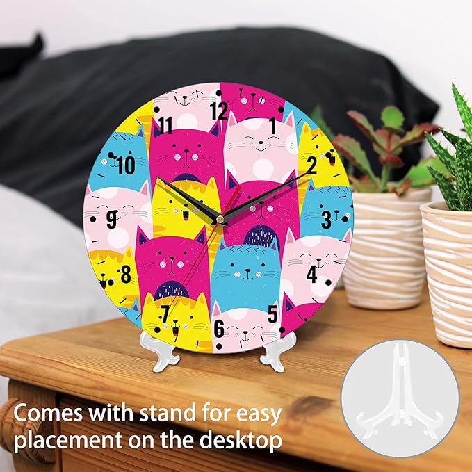 SPUNKER Wall Clocks,Cute Cats Wall Clocks for Living Room Decor,Colorful Kitten Kitchen Clocks Wall Battery Operated - 10 Inch Round Bathroom Wall Clock Silent Non-Ticking