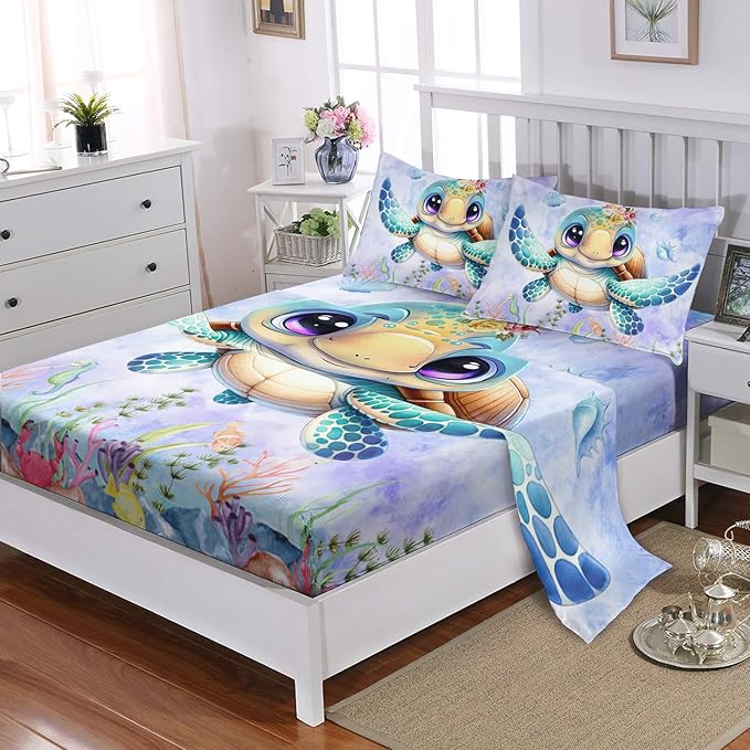 Turtle Sheet Full 4Pcs Ocean Life Shell Bedspread Set Kid Fish Crab Bedding Set for Boy Girl Watercolor Tortoise Seaweed Pattern Bed Set with 1 Flat Sheet and 1 Fitted Sheet+2 Pillowcases