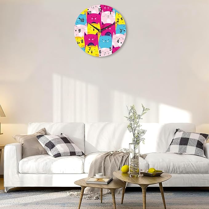 SPUNKER Wall Clocks,Cute Cats Wall Clocks for Living Room Decor,Colorful Kitten Kitchen Clocks Wall Battery Operated - 10 Inch Round Bathroom Wall Clock Silent Non-Ticking