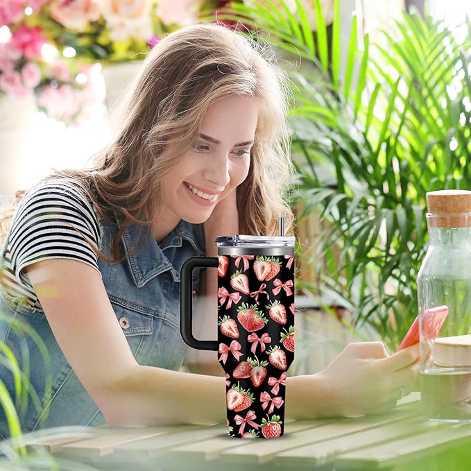 Strawberry 40 oz Tumbler with Handle and Straw - Double Wall Vacuum Insulated Coffee Cup Keeps Drinks Cold & Hot - Strawberries Festival Birthday Gifts for Strawberry Lovers Girls Women Sister