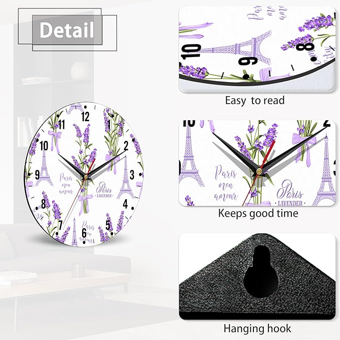 SPUNKER Clocks for Living Room,Lavender Flowers Wall Clock Battery Operated 10 Inch,Eiffel Tower Round Clock Silent Non-Ticking Wall Decor for Farmhouse Office Home School Living Room Bedroom