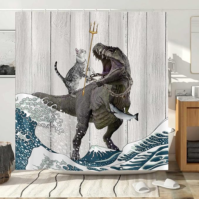 Torich Funny Cat Shower Curtain Set, Cool Cat Dinosaur Japanese Ocean Wave Decor Fabric Bathroom Curtains, Fun Kids Children Animal Rustic Wooden Farmhouse Decor Polyester Fabric 69X78in