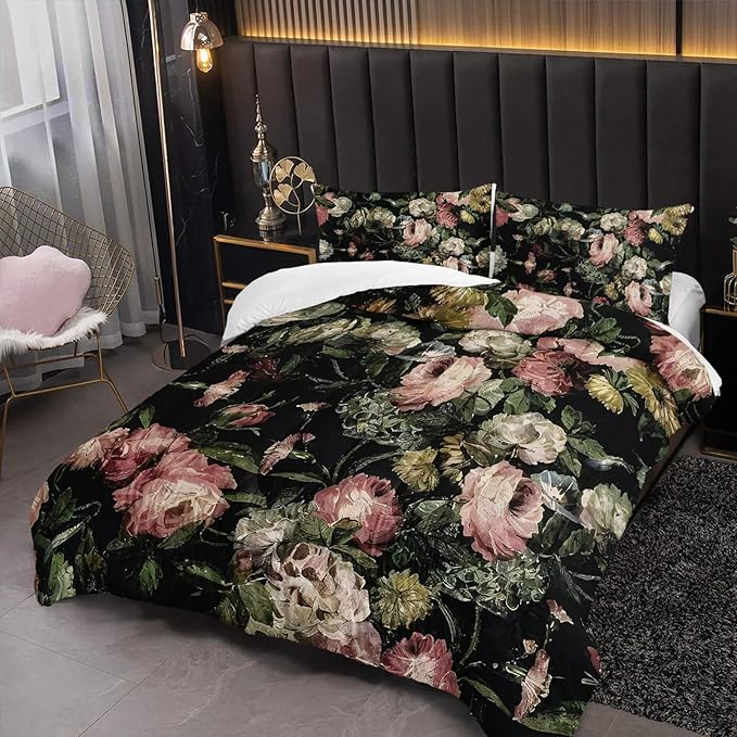 Boho Floral Comforter Set King Black Floral Bedding Sets 3PCS for Kids Teen Adult Flowers Leaves Room Decor Ultra-Soft Lightweight Microfiber 1 Comforter with 2 Pillowcases