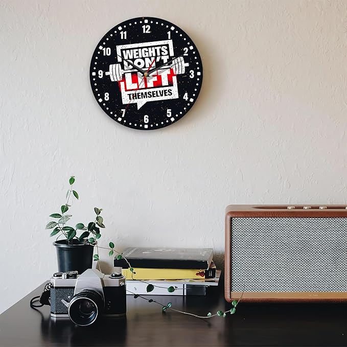 SPUNKER Wall Clock,Weights Don't Lift Themselves 10 Inch Wall Clock,Gym Quote Small Battery Operated Wall Clocks Decorative for Kitchen/Living Room/Bedroom/Bathroom/Dining Room