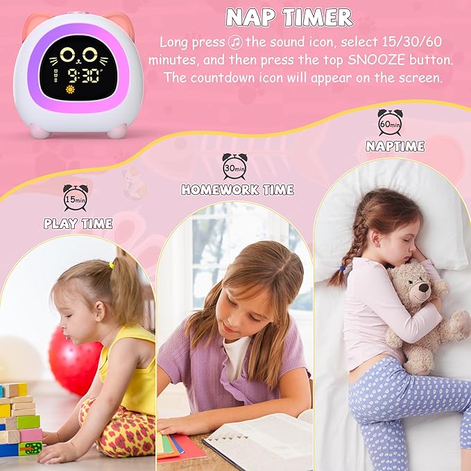 winshine Alarm Clock for Kids, OK to Wake Clock, Kids Alarm Clock with Night Light, Stay in Bed Clock Sleep Training, Nap Timer Cute Kids Room Decor, Gift Ideas for Kids Toddler Boy Girl (Pink)