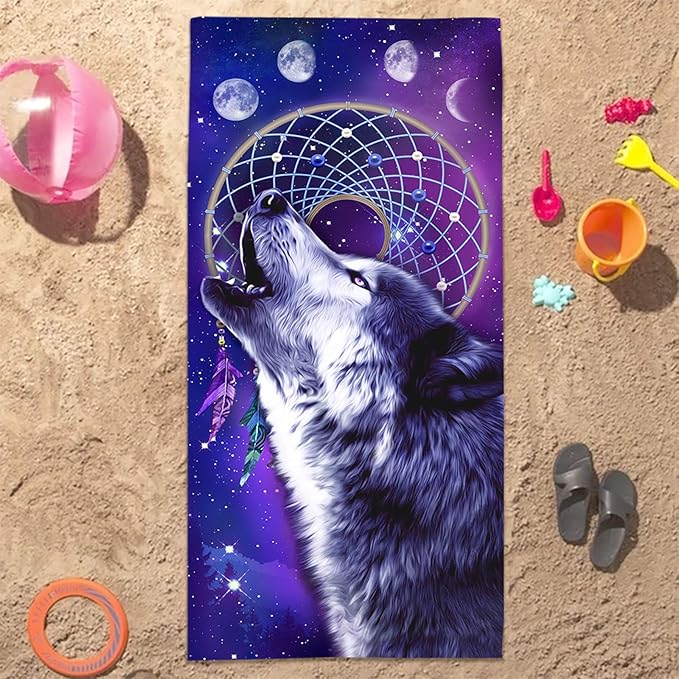 Bonsai Tree Wolf Beach Towel, Cool Dream Catcher Microfiber Bath Towel Gifts for Boys Kids, Funny Blue Purple Galaxy Space Animals Sand Free Quick Dry Travel Towels for Mens Pool Sports 30" x 60"