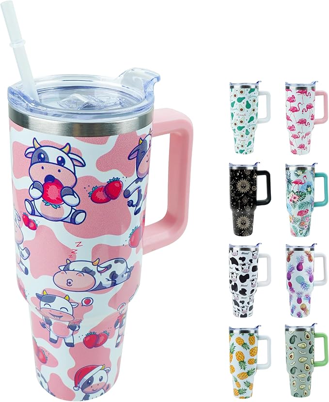 40 oz Tumbler with Handle and Straw, Stainless Steel Insulated Cup with Leak Proof Lid and Straw Lid, Keep Drinks Cold and Hot for Hours(Strawberry Cow)