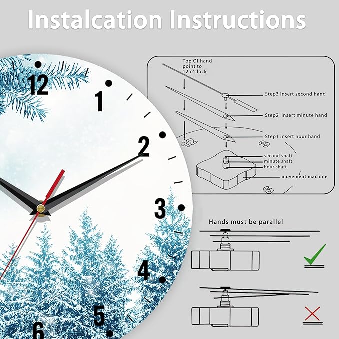 SPUNKER Snowflakes Clock for Bedroom,Winter Forest Wall Clocks for Living Room Decor,Snow Trees Kitchen Clocks Wall Battery Operated - 10 Inch Round Bathroom Wall Clock Silent Non-Ticking
