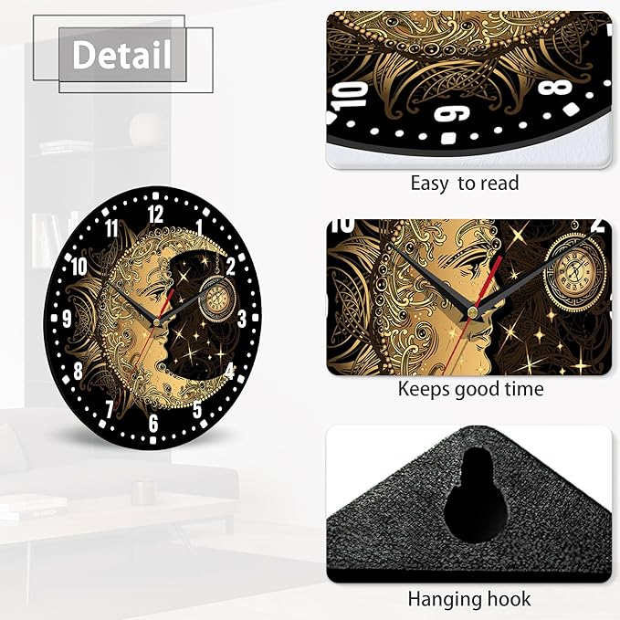 SPUNKER Clock for Bedroom,Boho Moon Sun Wall Clock Battery Operated 10 Inch,Golden Mandala Round Clock Silent Non-Ticking Wall Decor for Farmhouse Office Home School Living Room Bedroom