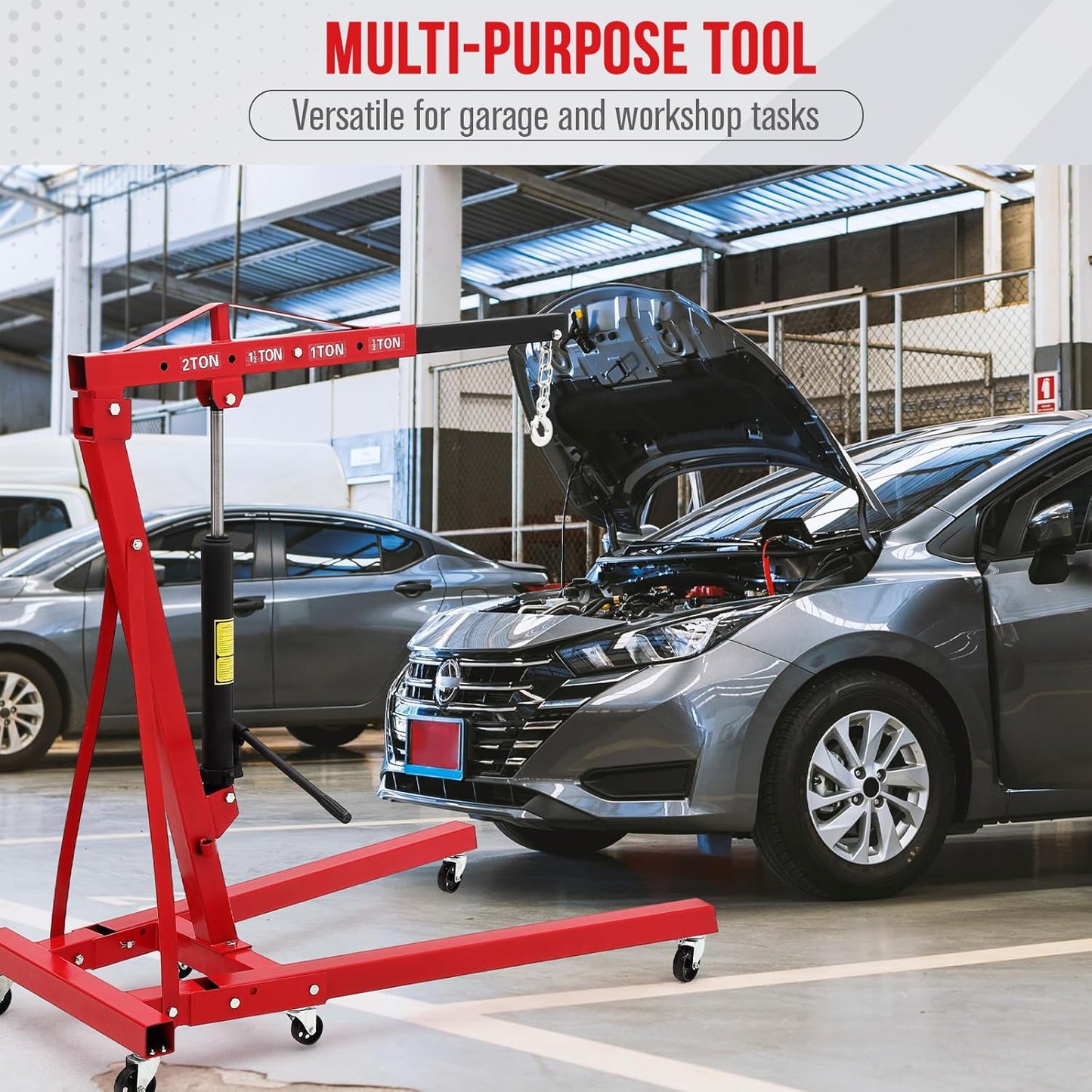 2 Ton Engine Hoist, Hydraulic Cherry Picker Engine Hoist Lift, 4400LBS Heavy Duty Crane Lifter with 6 Casters and Telescopic Boom, Foldable & Portable Design, for Garage, Workshop, Warehouse (Red)