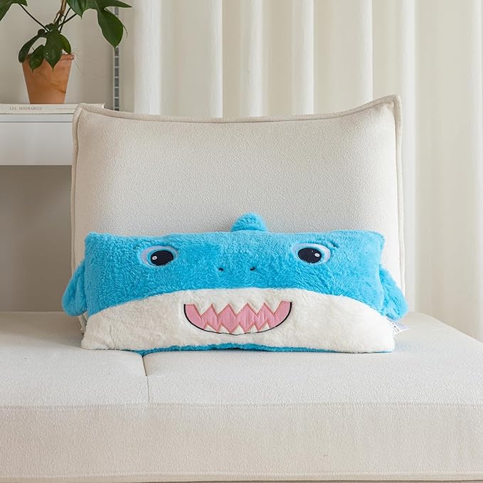 Stuffed Animal Lumbar Pillow, Super Soft Plush Cuddle Throw Pillow for Kids, Cute Shark Shaped Pillow, 12 x 24 Inches, Baby Blue