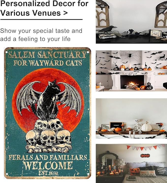 Vintage Black Cat Sign Salem Sanctuary For Wayward Cats Tin Sign for Home Bedroom Living Room Wall Art Decoration 8x12 inch (3035)