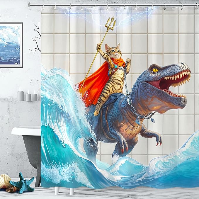 Yeoiat Cat Shower Curtain Ocean Funny Shower Curtain Dinosaur Shower Curtains for Bathroom Wave Shower Curtain Set with 12 Hooks Dinosaur05 72×72 Inches