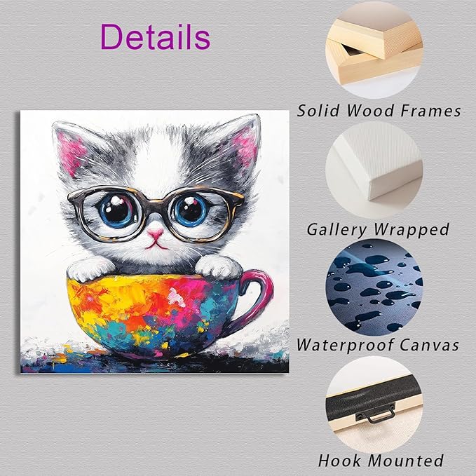 Ypxzzj Cute Kitten in a Teacup Canvas Wall Art, Animal Cat Picture Prints Wall Art, Cute Animal Cat with Glasses Wall Art Poster for Livingroom Bedroom Nursery Room Home Decor Framed Ready to Hang