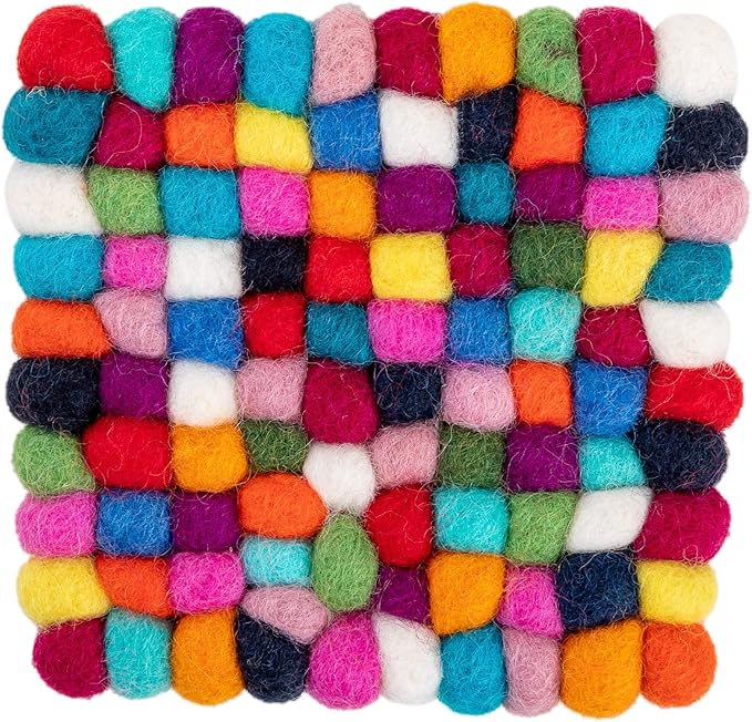 Square Felt Ball Coasters - 100% Merino Wool Table Coasters - Felt Coaster Pads, Absorbent Trivet for Drinks - Heat Resistant, Thick & Durable Hand Felted in Nepal by Woolygon- Multicolor - Set of 5