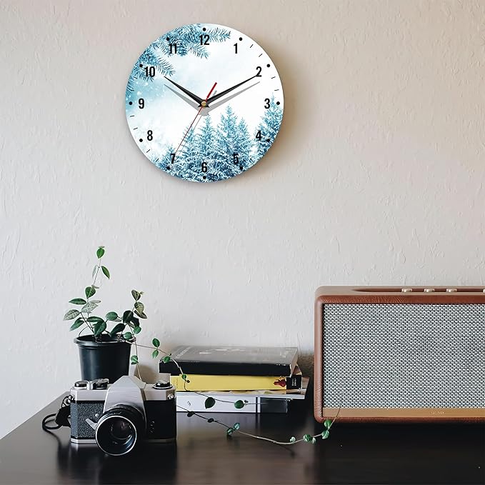 SPUNKER Snowflakes Clock for Bedroom,Winter Forest Wall Clocks for Living Room Decor,Snow Trees Kitchen Clocks Wall Battery Operated - 10 Inch Round Bathroom Wall Clock Silent Non-Ticking