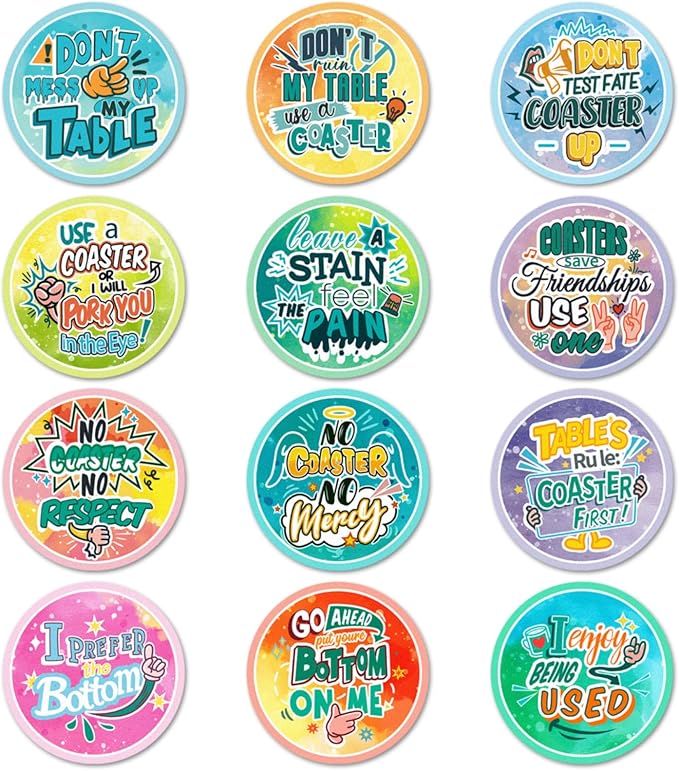 Trillionn 12 Pack Felt Cup Coasters for Drink, Absorbent Coasters for Coffee, Funny Pattern Design Drink Coasters, Tri-Coaster-19