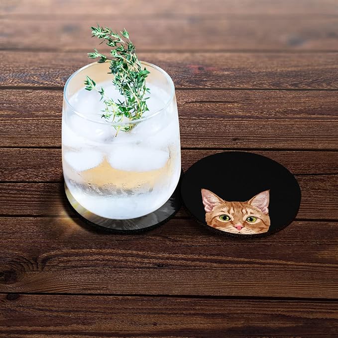 WIRESTER, Orange Tabby Kitten Cat, Black Persian Cat Design Absorbent ROUND Fabric Felt Neoprene Car Coasters for Drinks (2.87 inches), 2pcs Set