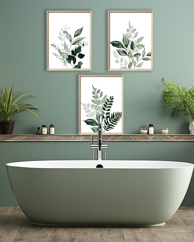 UPWOIGH Framed Green Wall Art(No Plexiglass), Olive Leafs Canvas Wall Art,12x16in Botanical Wood Bohemia Sage Wall Decor Prints Artworks for Bathroom Bedroom, Plant Neutral Wall Art Set of 3