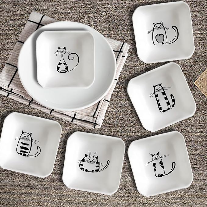 BigNoseDeer Super Cute Cat Ceramic Sauce Dish,Mini Side Seasoning Dish,Condiment Dishes,Sushi Soy Dipping Bowl,Snack Serving Dishes,Meow Porcelain Small Saucer Set(Set of 6)