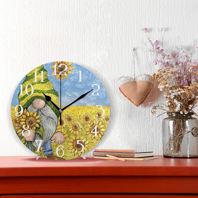 Sunflower Gnome Wall Clock 9.5 Inch Non Ticking Silent Kitchen Clocks Cute Yellow Flower Round Bathroom Clock Battery Operated Quartz Analog Decorative Desk Clock for Living Room
