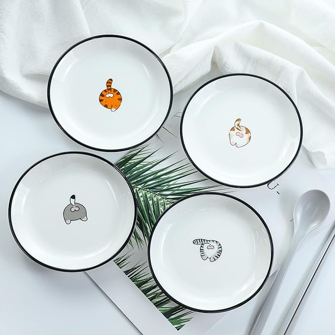 WAIT FLY 5 Inches Funny Cute Cat Butts Pattern Ceramics Seasoning Dishes/Tea Bag Holders/Ketchup Saucer/Appetizer Plates/Seasoning Dipping Bowls, Set of 4